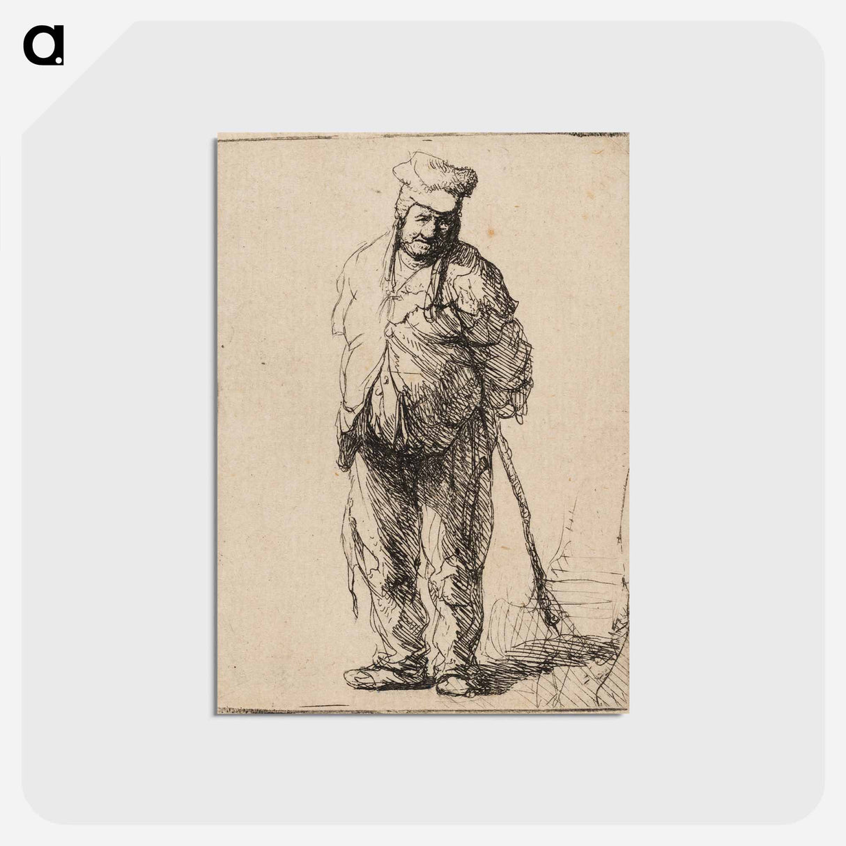 アートポストカード-Ragged Peasant with His Hands behind Him, Holding a Stick - レンブラント ファン レイン Postcard.