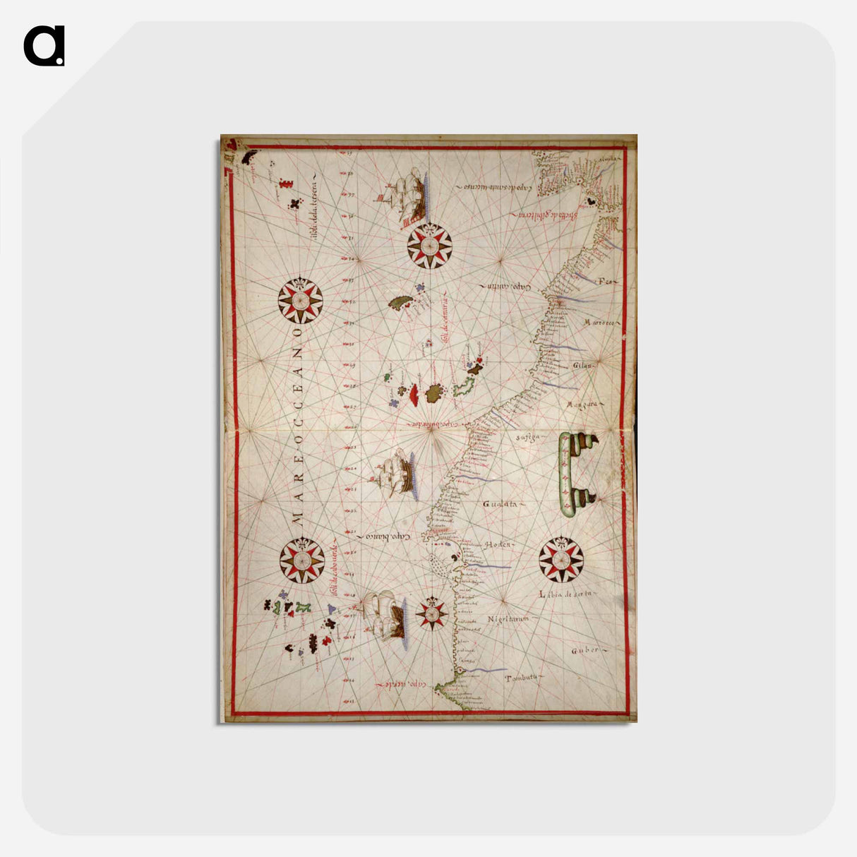 アートポストカード-Portolan atlas of the Mediterranean Sea, western Europe, and the northwest coast of Africa: Central Mediterranean - アンティーク地図 Postcard.