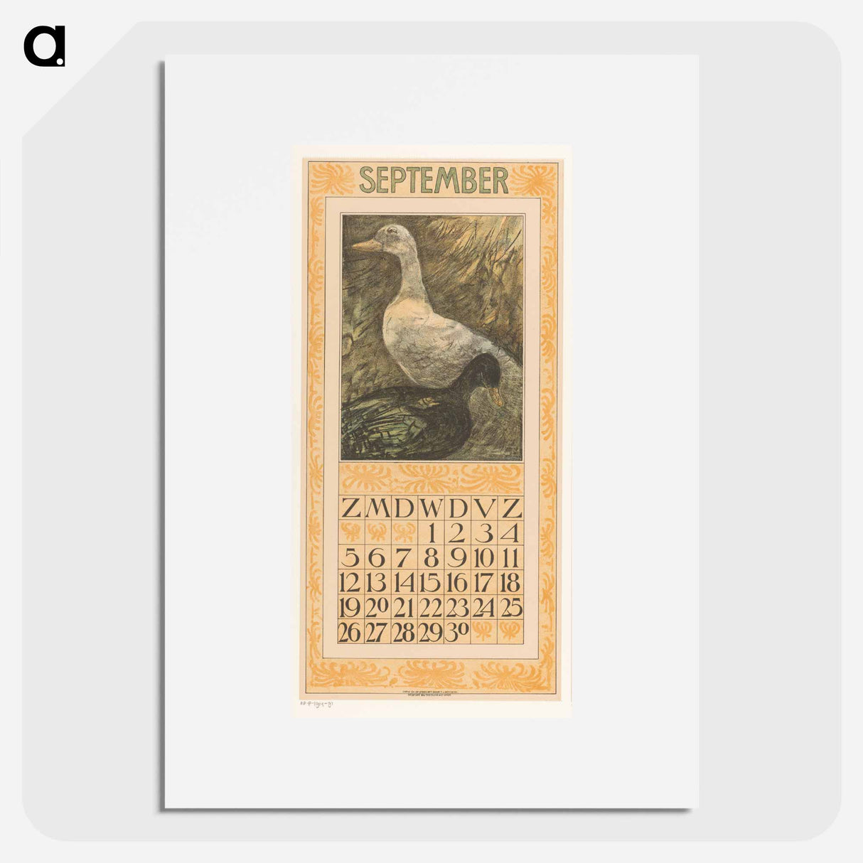 Kalenderblad september met twee staande eenden - テオ ファン ホイテマ Poster.