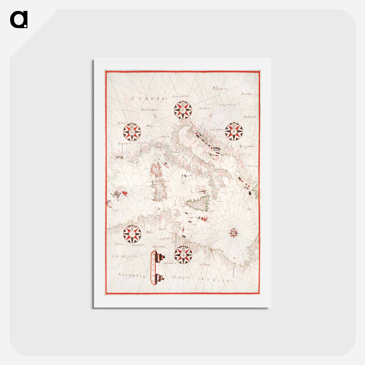 アートポストカード-Portolan atlas of the Mediterranean Sea, western Europe, and the northwest coast of Africa - アンティーク地図 Postcard.