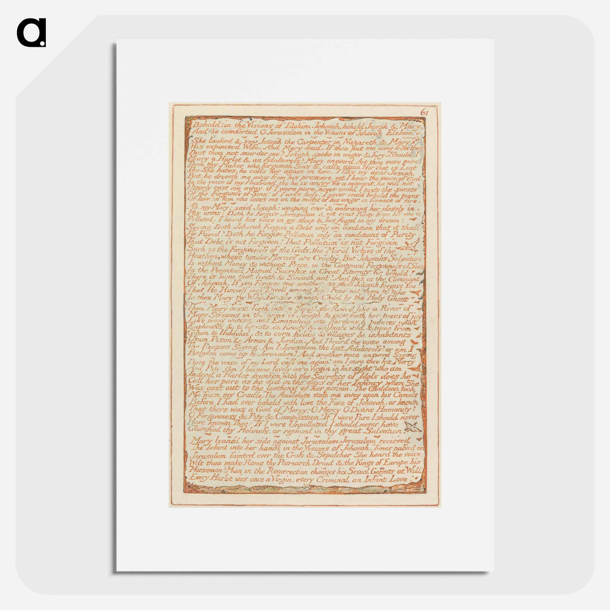 アートポスター-Jerusalem, Plate 61, "Behold: in the Visions of Elohim Jehovah" - ウィリアム ブレイク Poster.