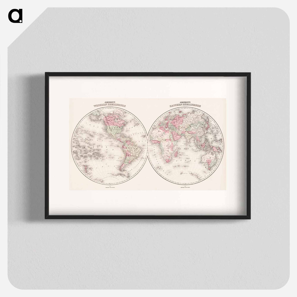 Johnson's Western Hemisphere [and] Johnson's Eastern Hemisphere - アンティーク地図 Poster.