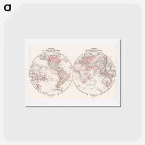 アートポストカード-Johnson's Western Hemisphere [and] Johnson's Eastern Hemisphere - アンティーク地図 Postcard.