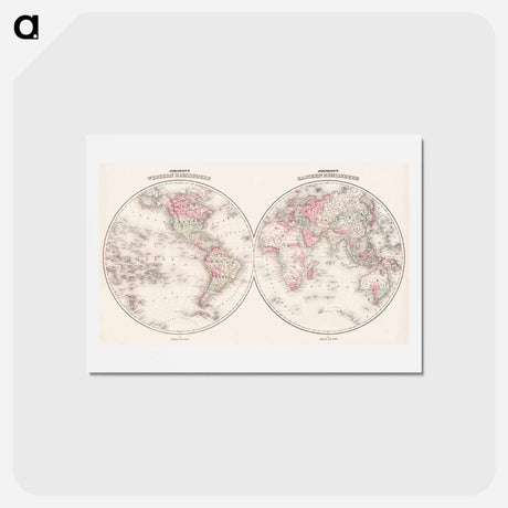 アートポストカード-Johnson's Western Hemisphere [and] Johnson's Eastern Hemisphere - アンティーク地図 Postcard.