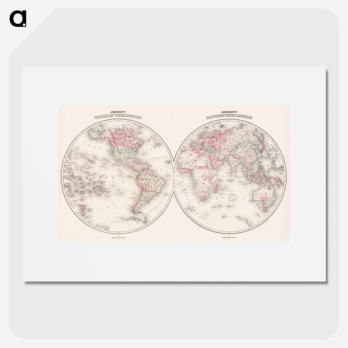 Johnson's Western Hemisphere [and] Johnson's Eastern Hemisphere - アンティーク地図 Poster.