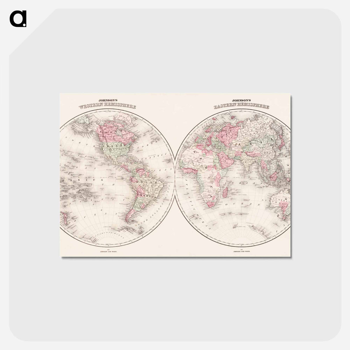 アートポストカード-Johnson's Western Hemisphere [and] Johnson's Eastern Hemisphere - アンティーク地図 Postcard.