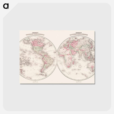 アートポストカード-Johnson's Western Hemisphere [and] Johnson's Eastern Hemisphere - アンティーク地図 Postcard.