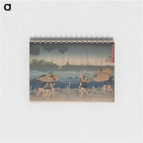 アートメモ帳-People walking beneath umbrellas along the seashore during a rainstorm by Utagawa, Kuniyoshi - 歌川 国芳 Memo.