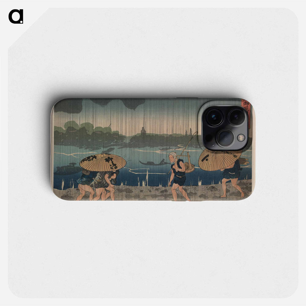 People walking beneath umbrellas along the seashore during a rainstorm by Utagawa, Kuniyoshi - 歌川 国芳 Phone Case.