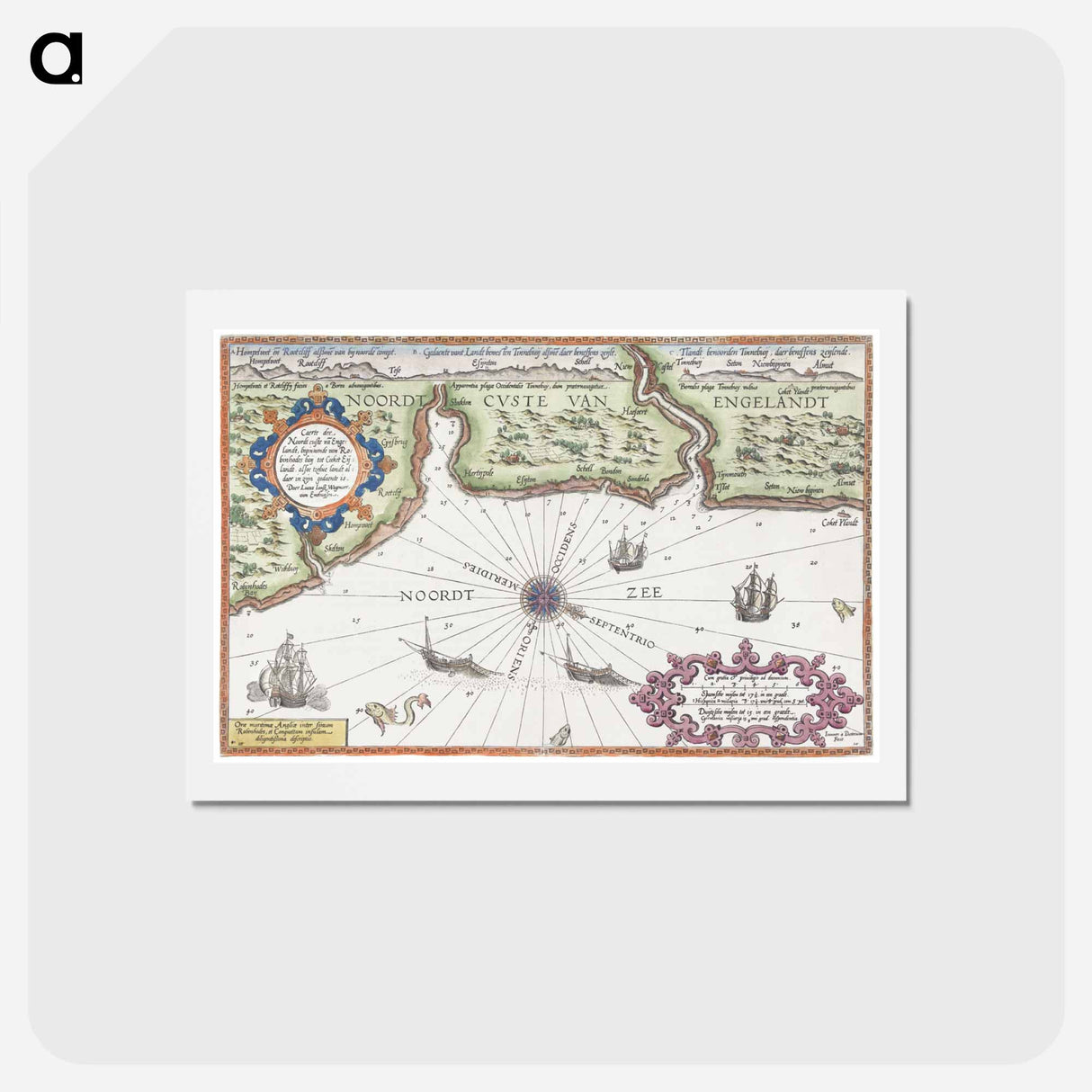 アートポストカード-Kaart van de noordkust van Engeland bij Newcastle upon Tyne - アンティーク地図 Postcard.
