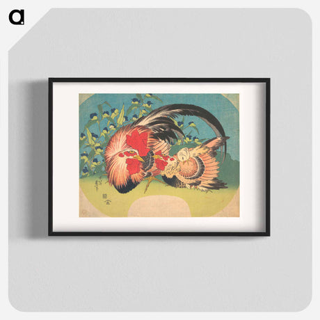 アートポスター-Rooster, Hen and Chicken with Spiderwort - 葛飾 北斎 Poster.