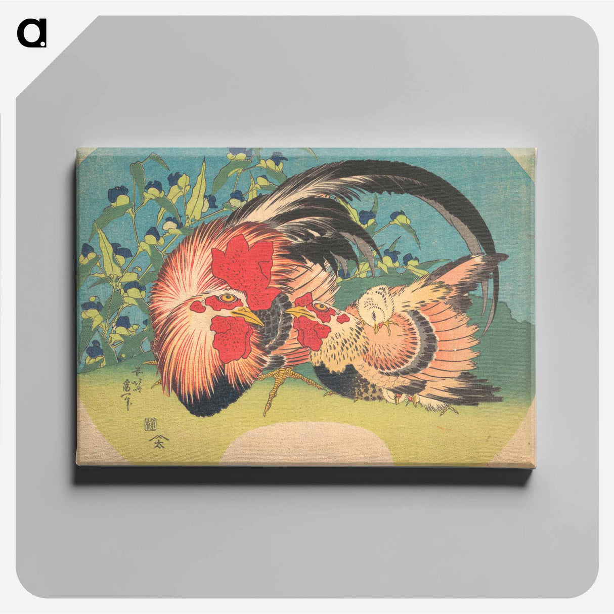 アートパネル-Rooster, Hen and Chicken with Spiderwort - 葛飾 北斎 Canvas.