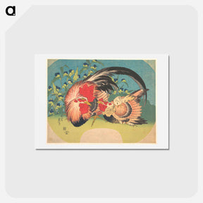 アートポストカード-Rooster, Hen and Chicken with Spiderwort - 葛飾 北斎 Postcard.
