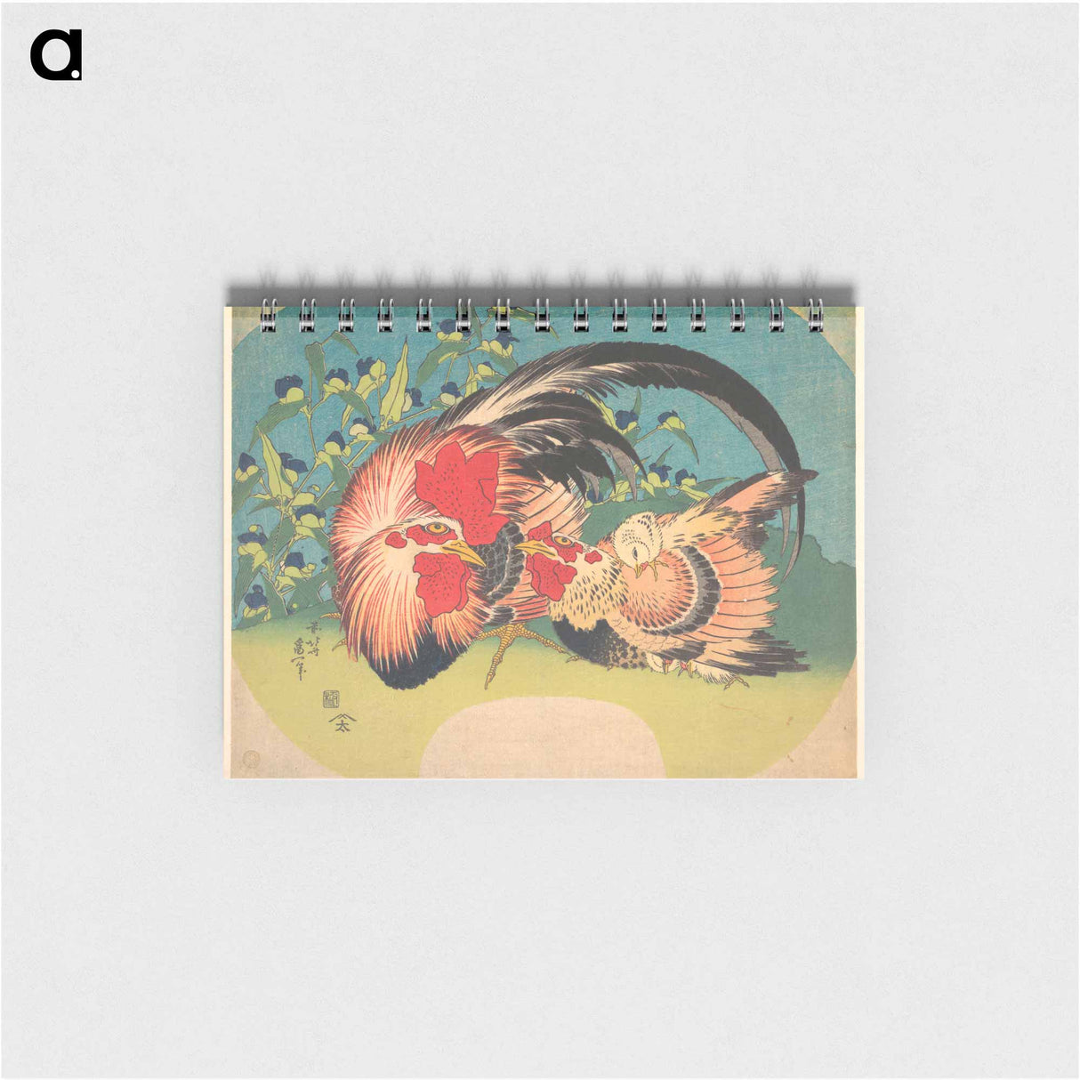 Rooster, Hen and Chicken with Spiderwort - 葛飾 北斎 Memo.