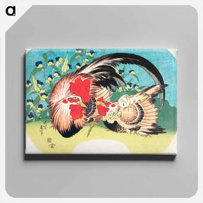 アートパネル-Rooster, Hen and Chicken with Spiderwort - 葛飾 北斎 Canvas.
