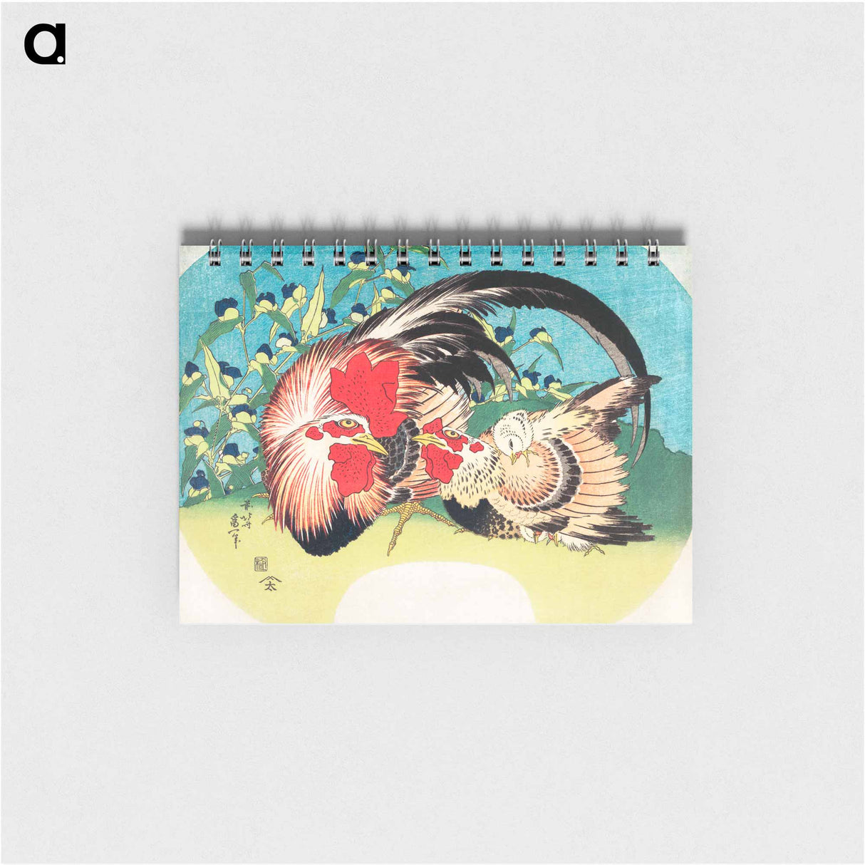 Rooster, Hen and Chicken with Spiderwort - 葛飾 北斎 Memo.