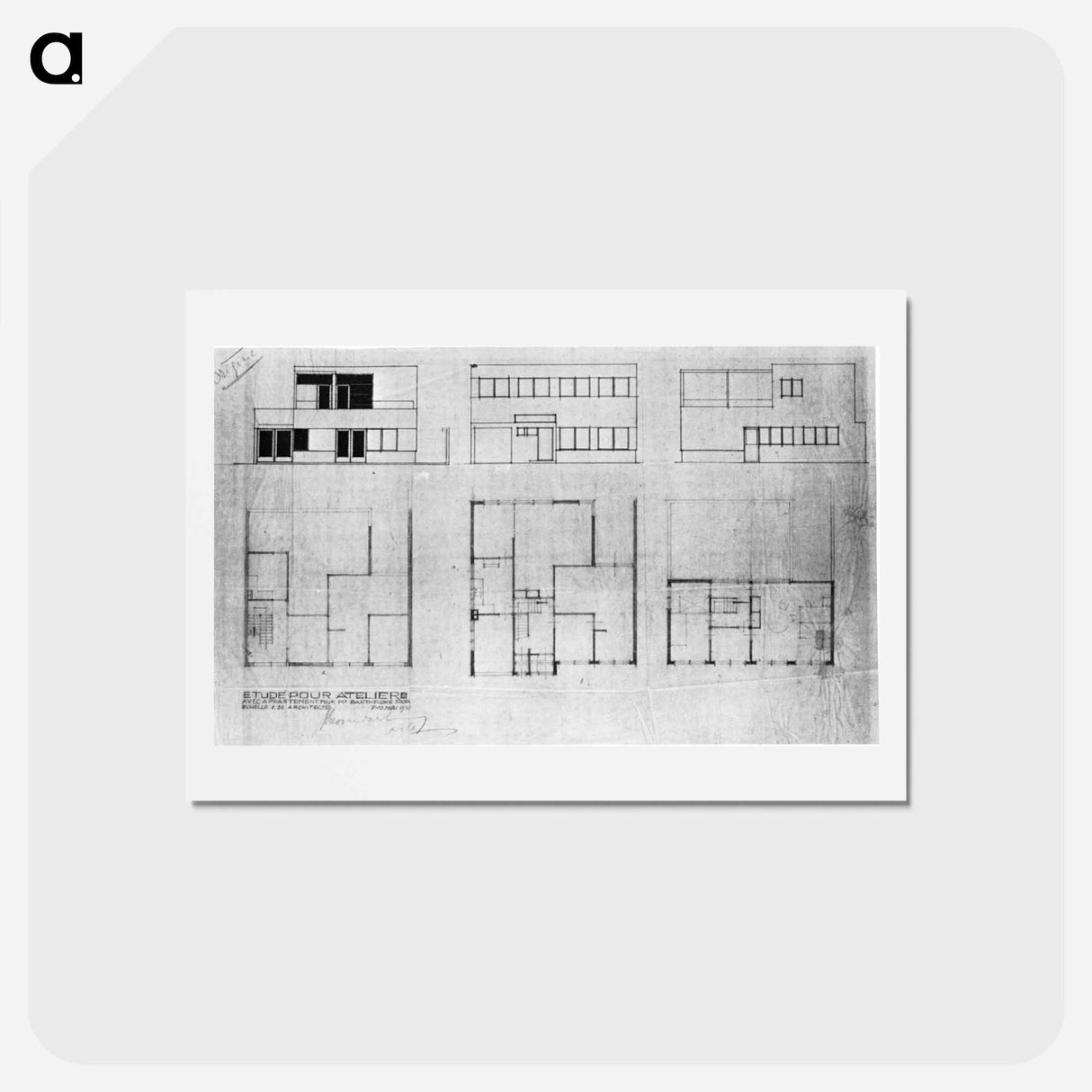 アートポストカード-Design for a house and studio for Bertalan Pór, elevations and plans - テオ ファン ドゥースブルフ Postcard.