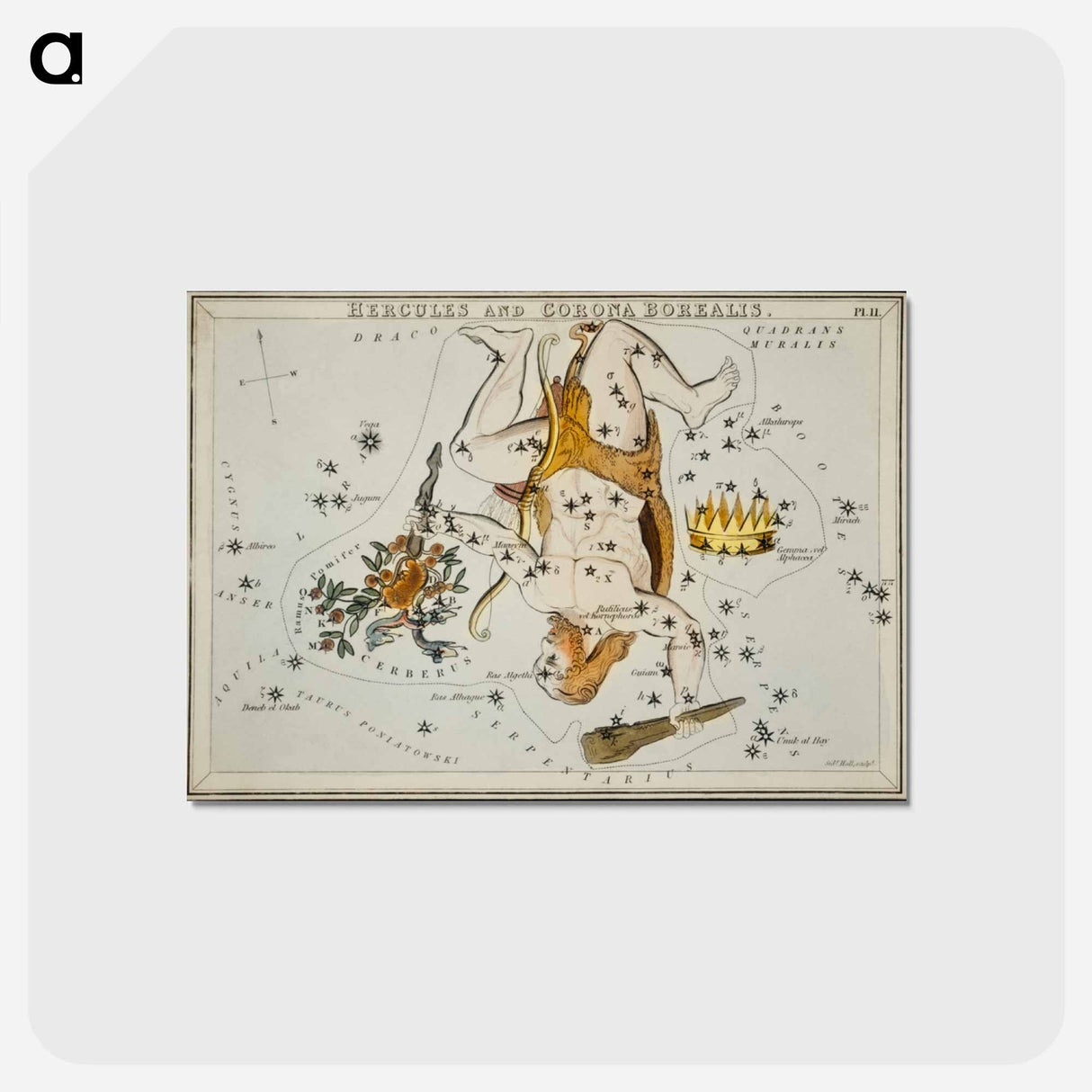 アートポストカード-Sidney Hall’s astronomical chart illustration of the Hercules and the Corona Borealis - アンティーク地図 Postcard.