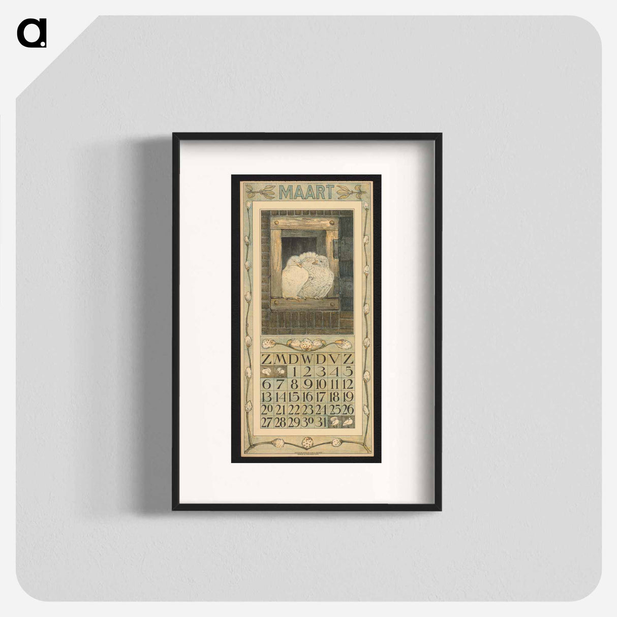 Kalenderblad voor maart met een paar duiven in een raamkozijn by Theo van Hoytema - テオ ヴァン ホイテマ Poster.
