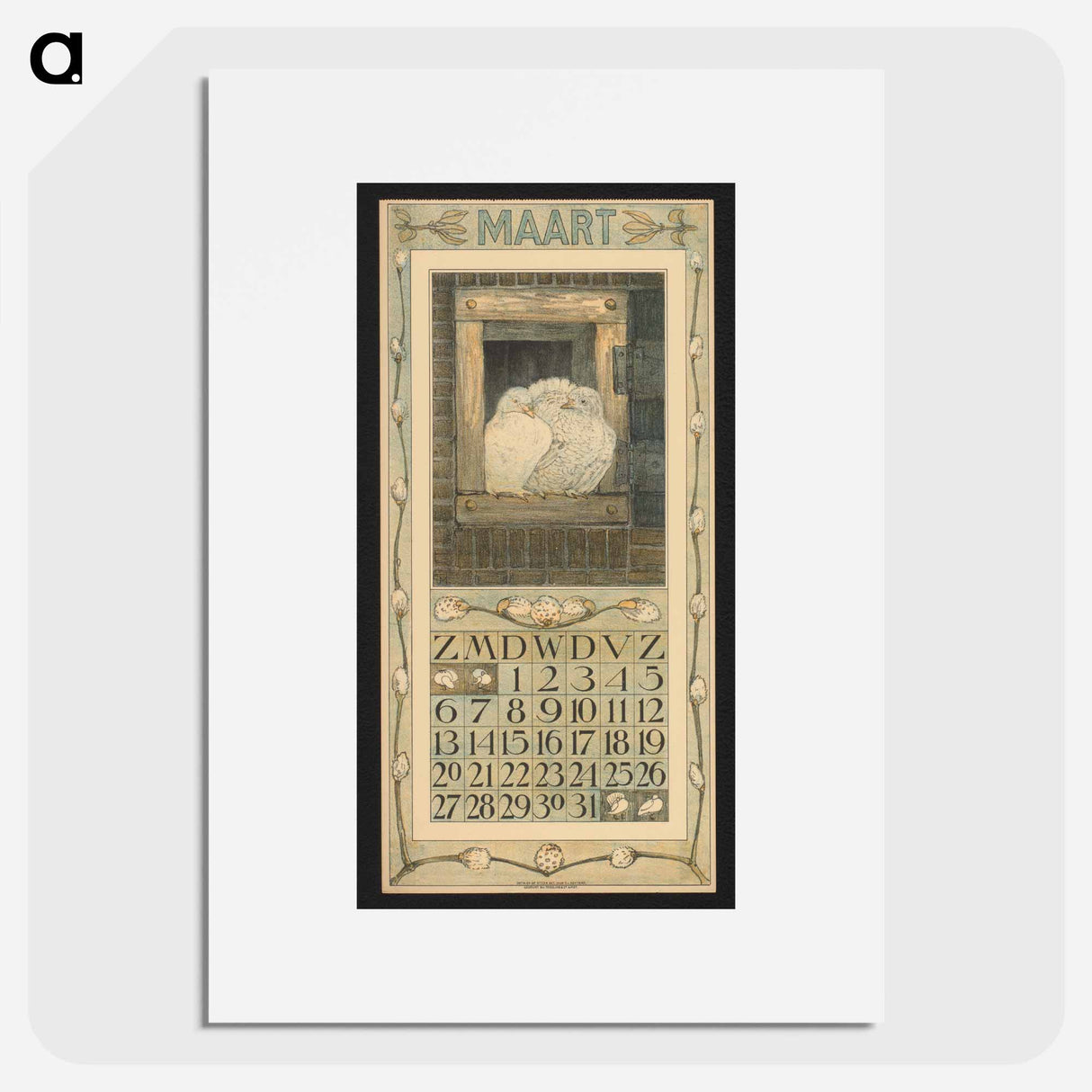 Kalenderblad voor maart met een paar duiven in een raamkozijn by Theo van Hoytema - テオ ヴァン ホイテマ Poster.