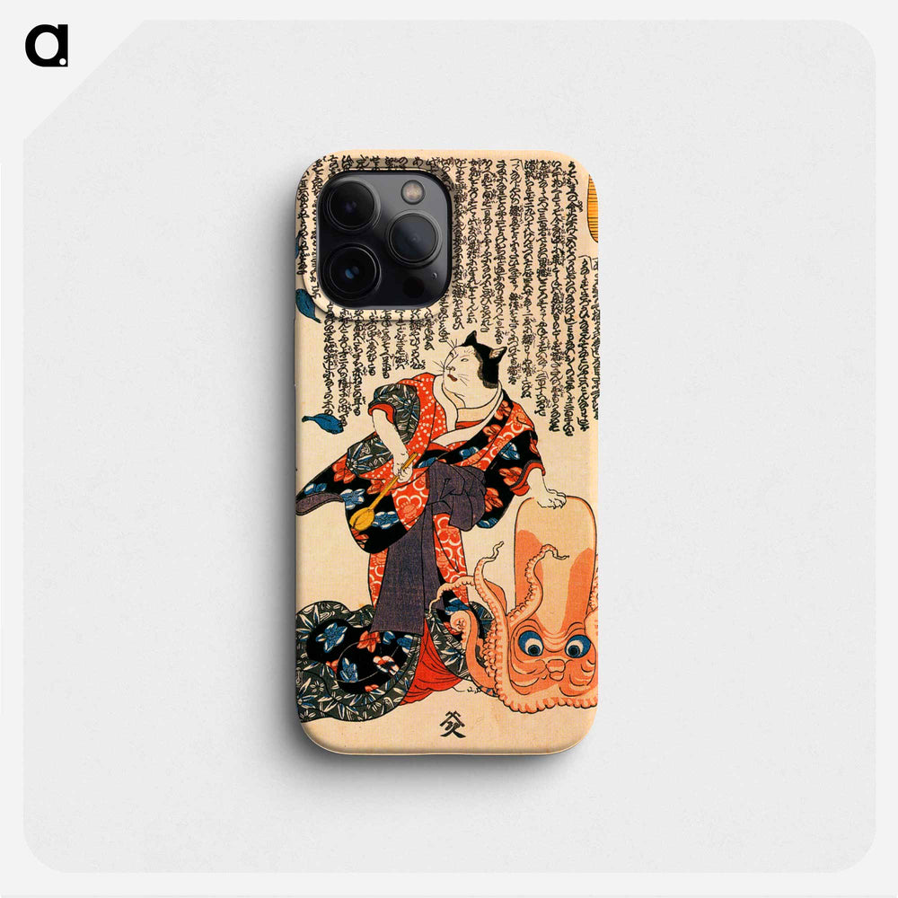 A cat dressed as a woman tapping the head of an octopus - 歌川 国芳 Phone Case.