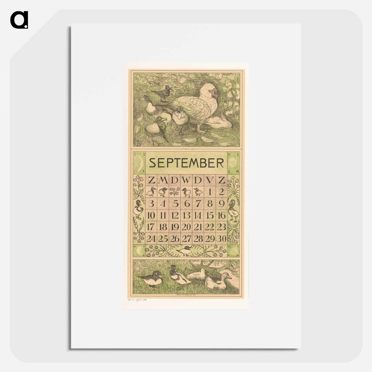 Kalenderblad september met Muskuseend - テオ ヴァン ホイテマ Poster.
