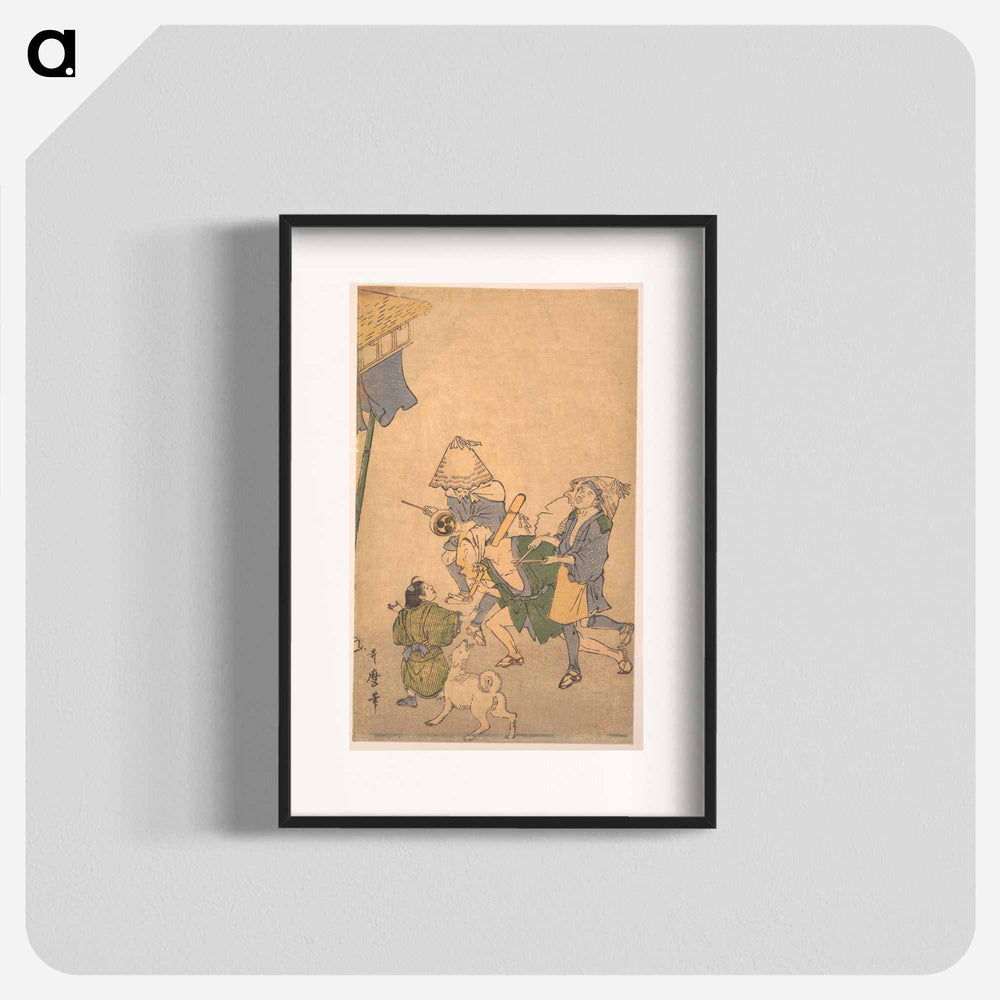 Three Revelers of the Lower Classes, Wearing Komuso Hats, with Small Boy and Dog - 喜多川 歌麿 Poster.