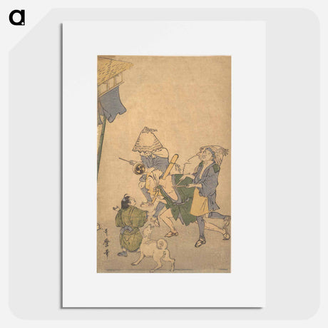 アートポスター-Three Revelers of the Lower Classes, Wearing Komuso Hats, with Small Boy and Dog - 喜多川 歌麿 Poster.