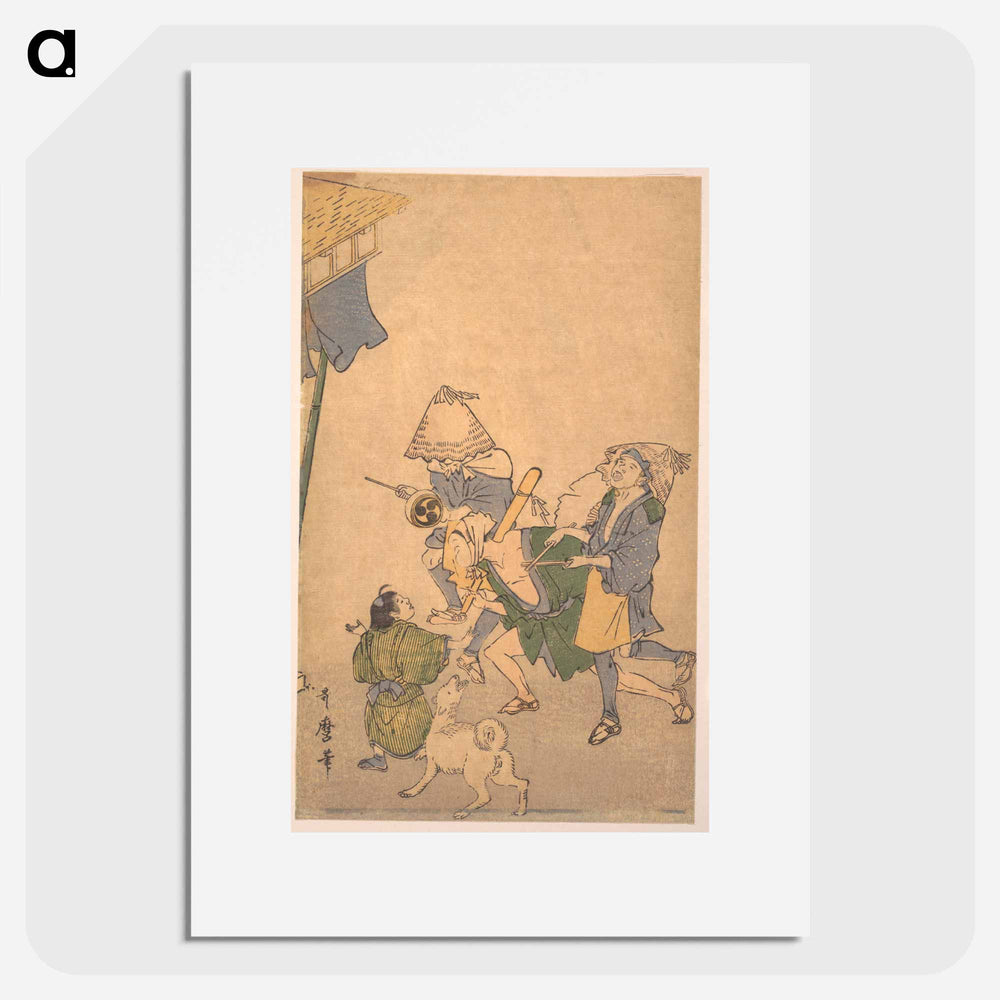 Three Revelers of the Lower Classes, Wearing Komuso Hats, with Small Boy and Dog - 喜多川 歌麿 Poster.