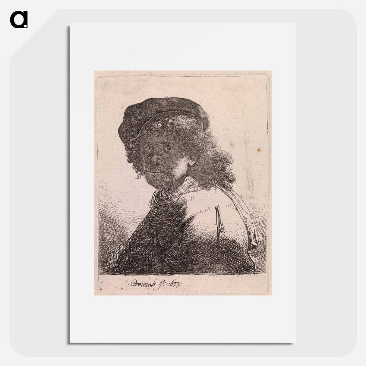 Selfportrait in a cap and scarf with the face dark - Rembrandt van Rijn Poster.