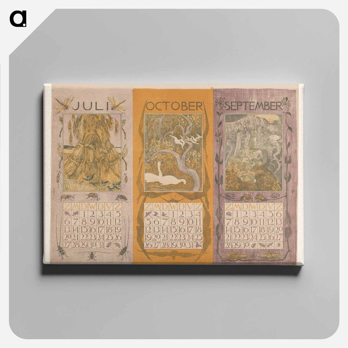 Kalenderbladen van juli, oktober en september, met korenschoven, zwanen en konijnen - テオ ヴァン ホイテマ Canvas.