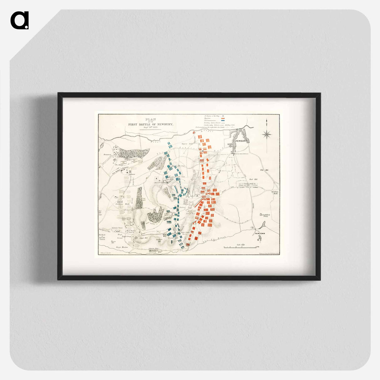 The First and Second Battles of Newbury and the Siege of Donnington Castle during the Civil War - アンティーク地図 Poster.