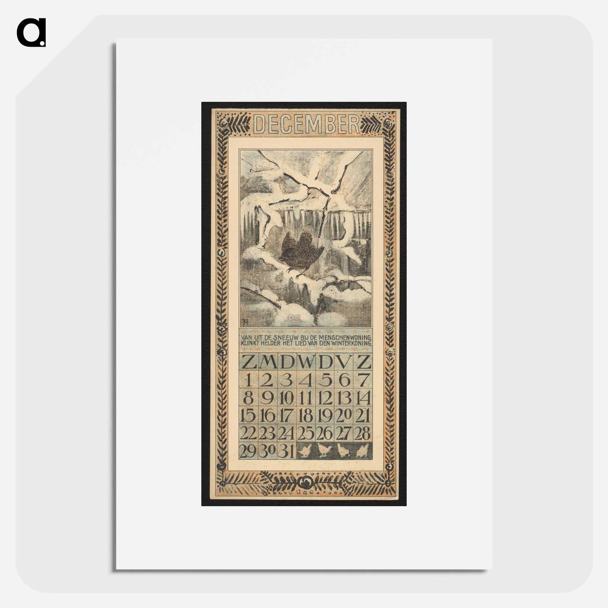 Kalenderblad voor december 1907 met een winterkoning in de sneeuw - テオ ヴァン ホイテマ Poster.