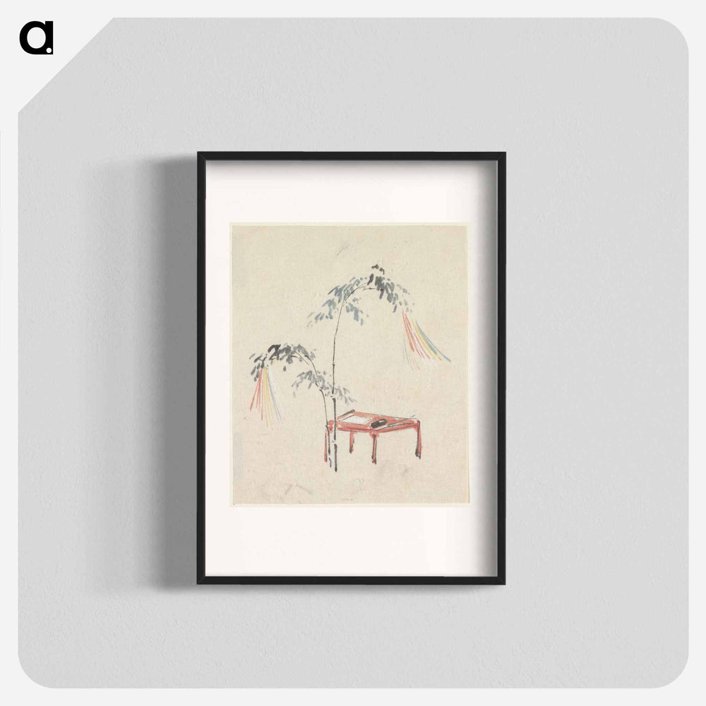 Stilleven van een rood tafeltje en versierde bamboe - 歌川 国芳 Poster.
