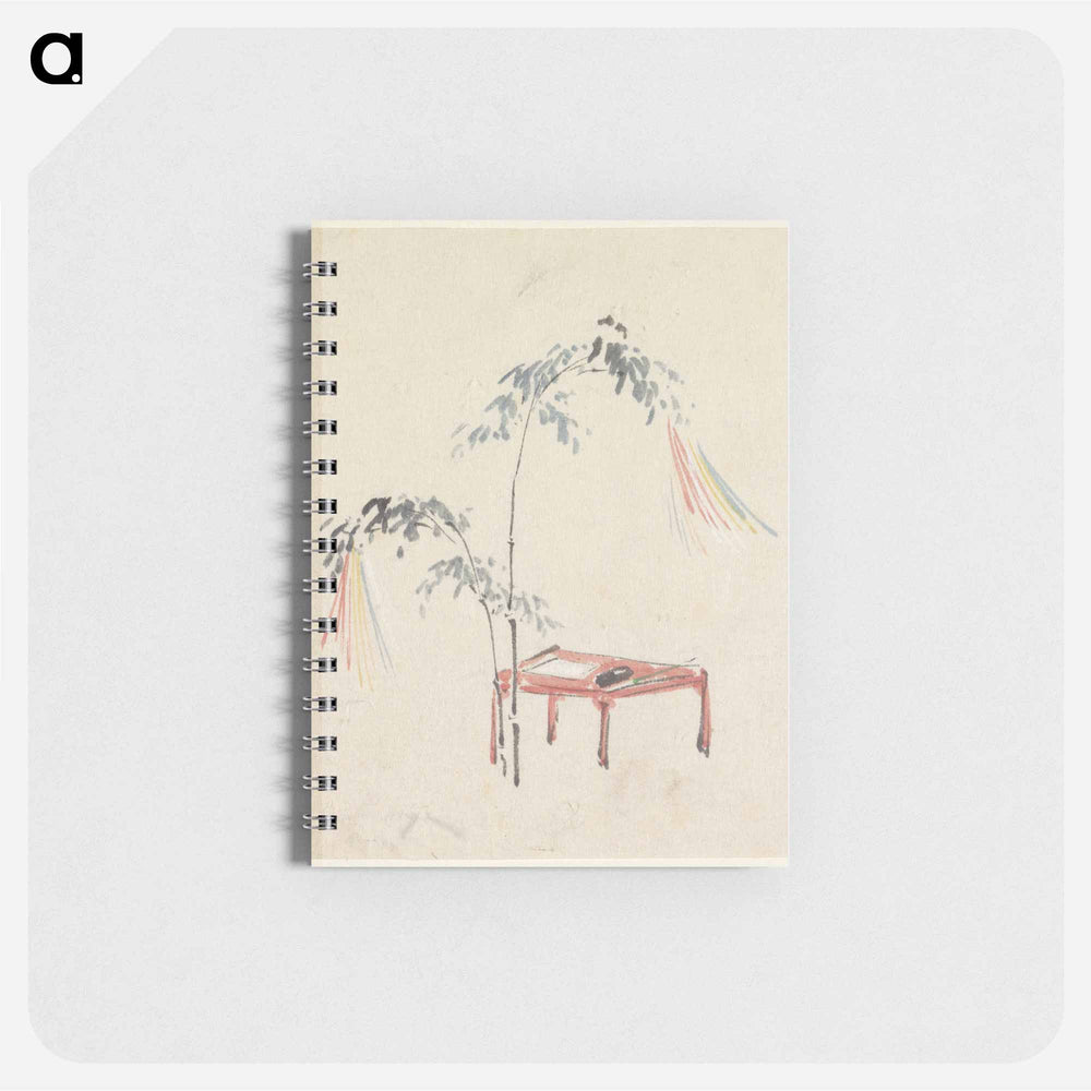 Stilleven van een rood tafeltje en versierde bamboe - 歌川 国芳 Memo.