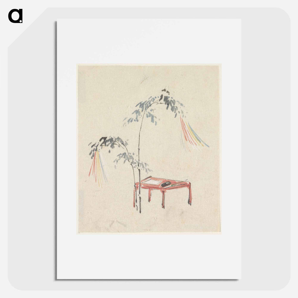 Stilleven van een rood tafeltje en versierde bamboe - 歌川 国芳 Poster.