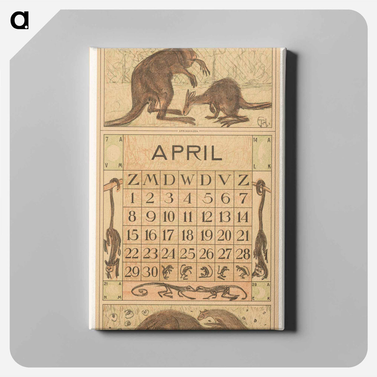 Calendar April Met Kangaroos - Theo Van Hoytema Canvas.