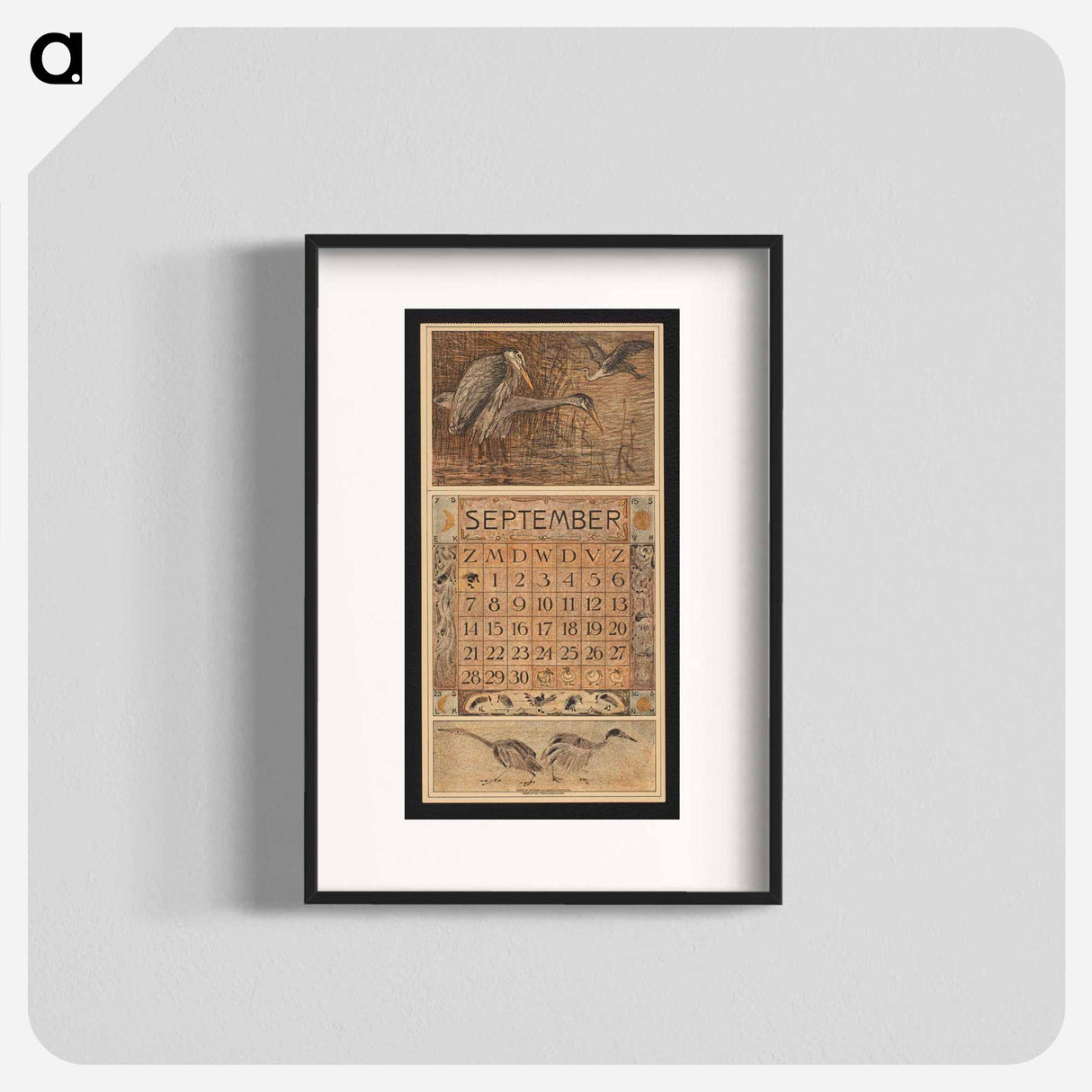 Kalenderblad voor september met reigers in het riet by Theo van Hoytema - テオ ヴァン ホイテマ Poster.