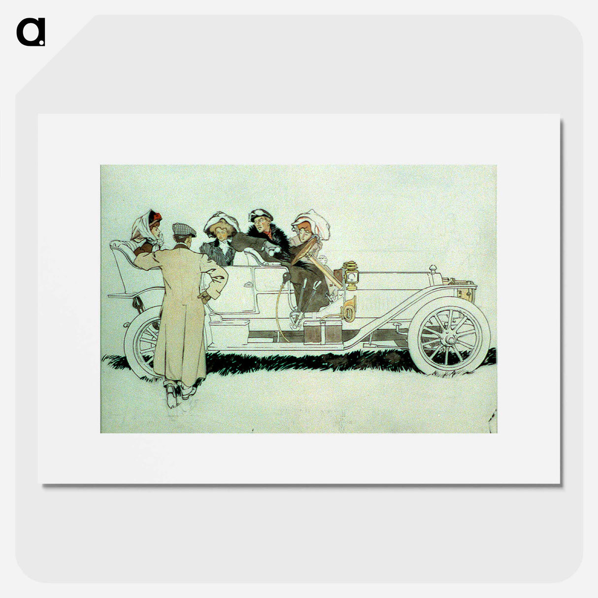 Advertisement design study for Pierce Arrow automobiles showing man talking to three women and a man in car by Edward Penfield - エドワード ペンフィールド Poster.