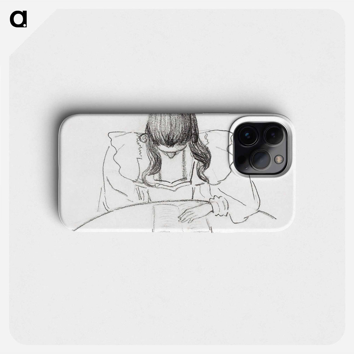 Girl sitting at a table with her head bent over an open book - Julie de Graag Phone Case.