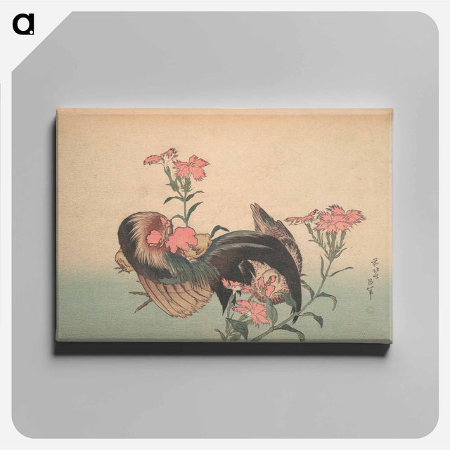 アートパネル-Cock, Hen, and Nadeshiko - 葛飾 北斎 Canvas.
