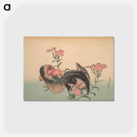 アートポストカード-Cock, Hen, and Nadeshiko - 葛飾 北斎 Postcard.