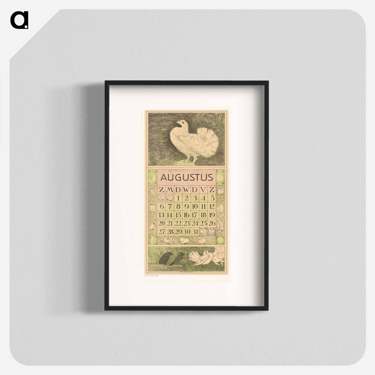 Kalenderblad augustus met witte duif - テオ ヴァン ホイテマ Poster.