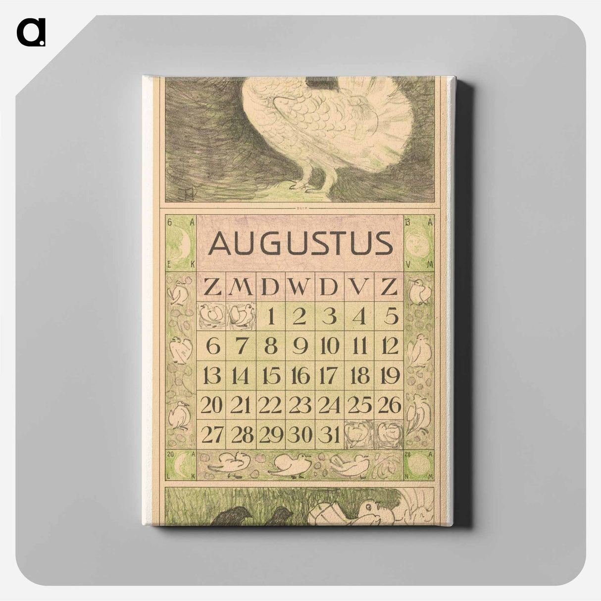 Kalenderblad augustus met witte duif - テオ ファン ホイテマ Canvas.