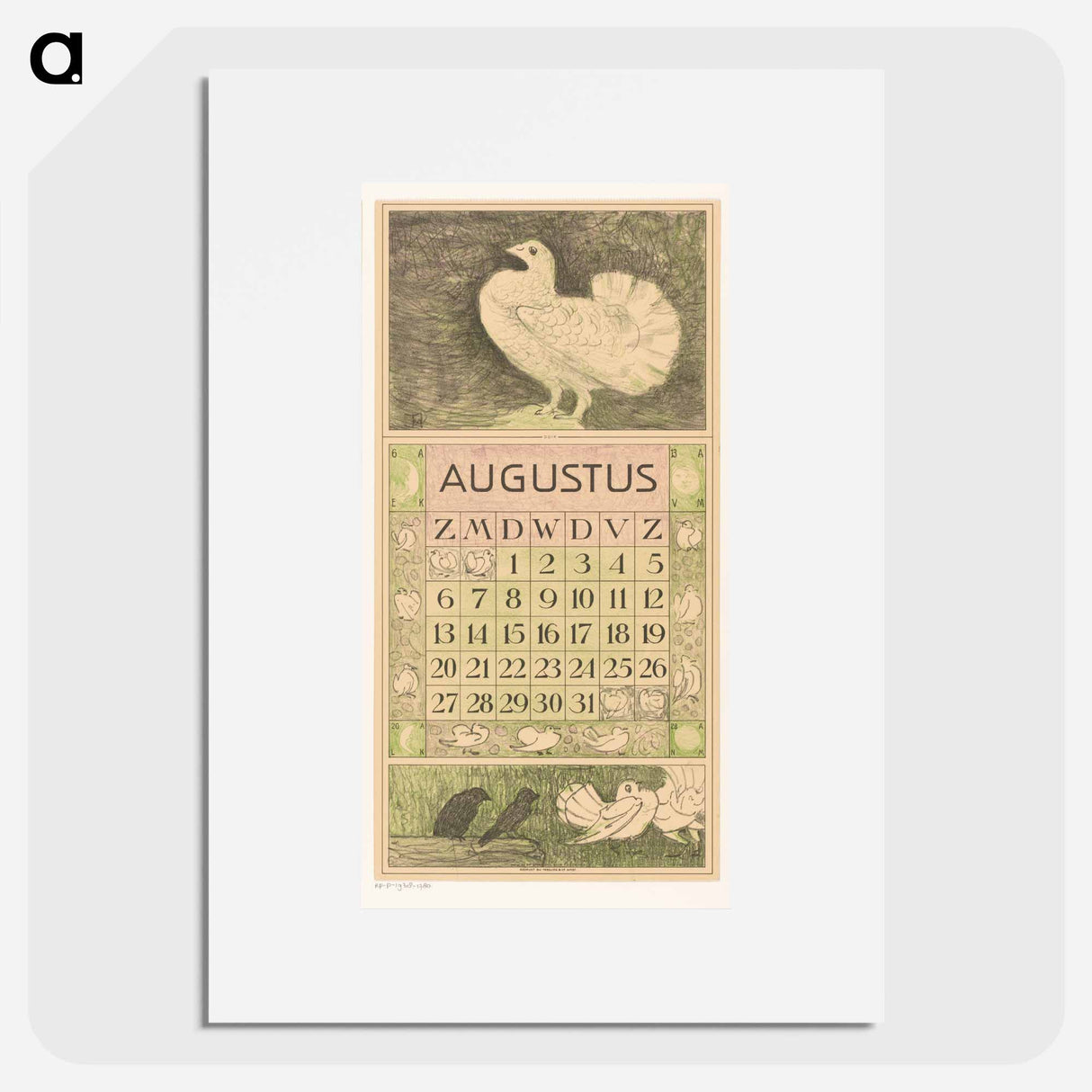 Kalenderblad augustus met witte duif - テオ ヴァン ホイテマ Poster.