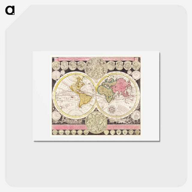 アートポストカード-Vlakke aard-kloot met het beide hemelsch half-rond, of de onder scheidene verbeelding van de land-water-waereld - アンティーク地図 Postcard.