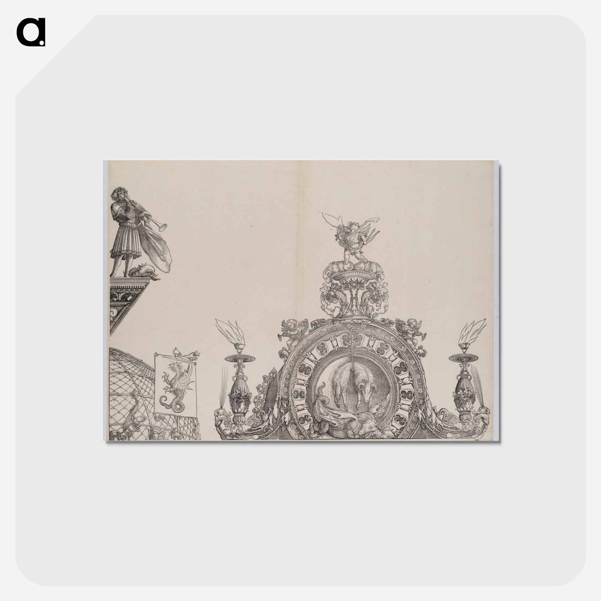 アートポストカード-The Pinnacle of the Right Portal; and a Trumpeter and Standard from the Central Portal, from the Arch of Honor - アルブレヒト デューラー Postcard.