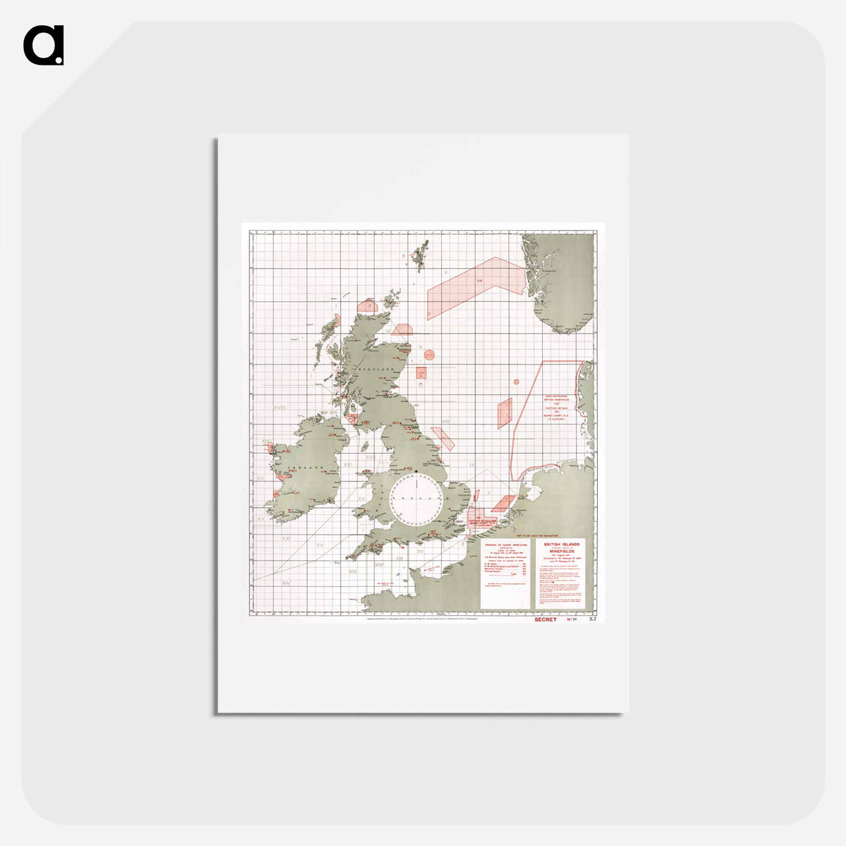 アートポストカード-British Islands approximate positions of minefields - アンティーク地図 Postcard.