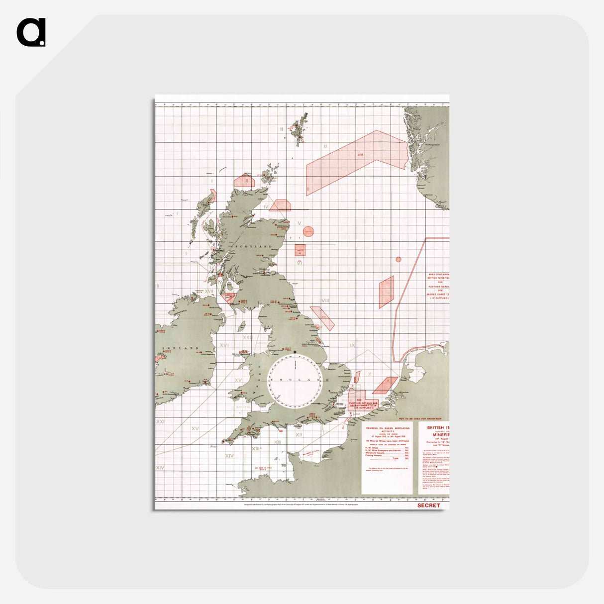 アートポストカード-British Islands approximate positions of minefields - アンティーク地図 Postcard.