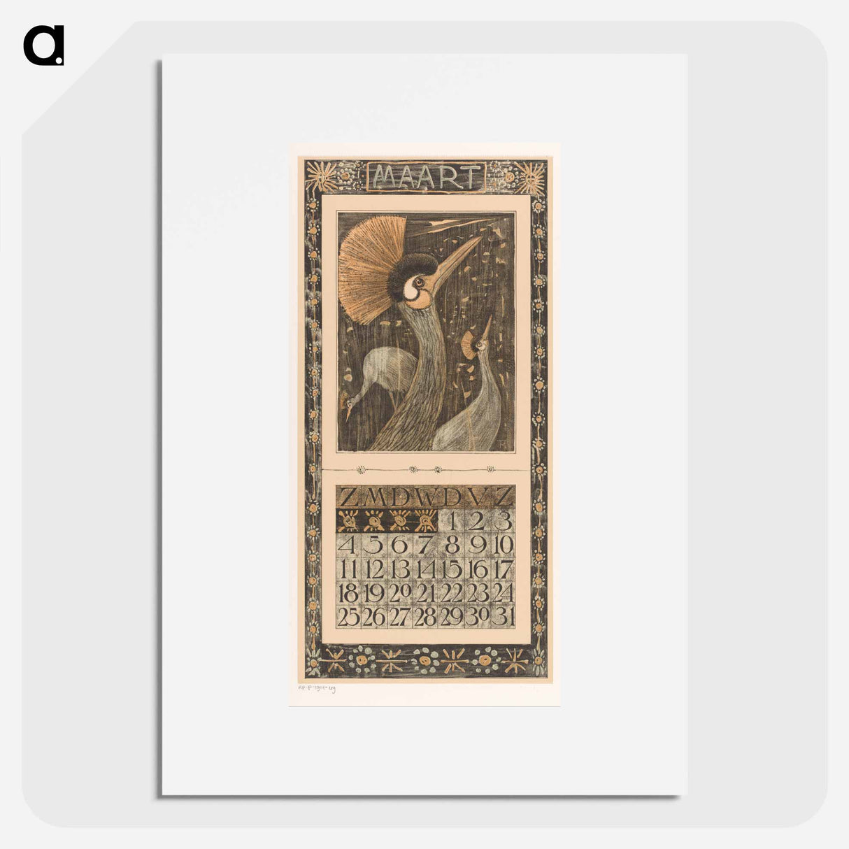 Kalenderblad maart met kroonkranen - テオ ヴァン ホイテマ Poster.
